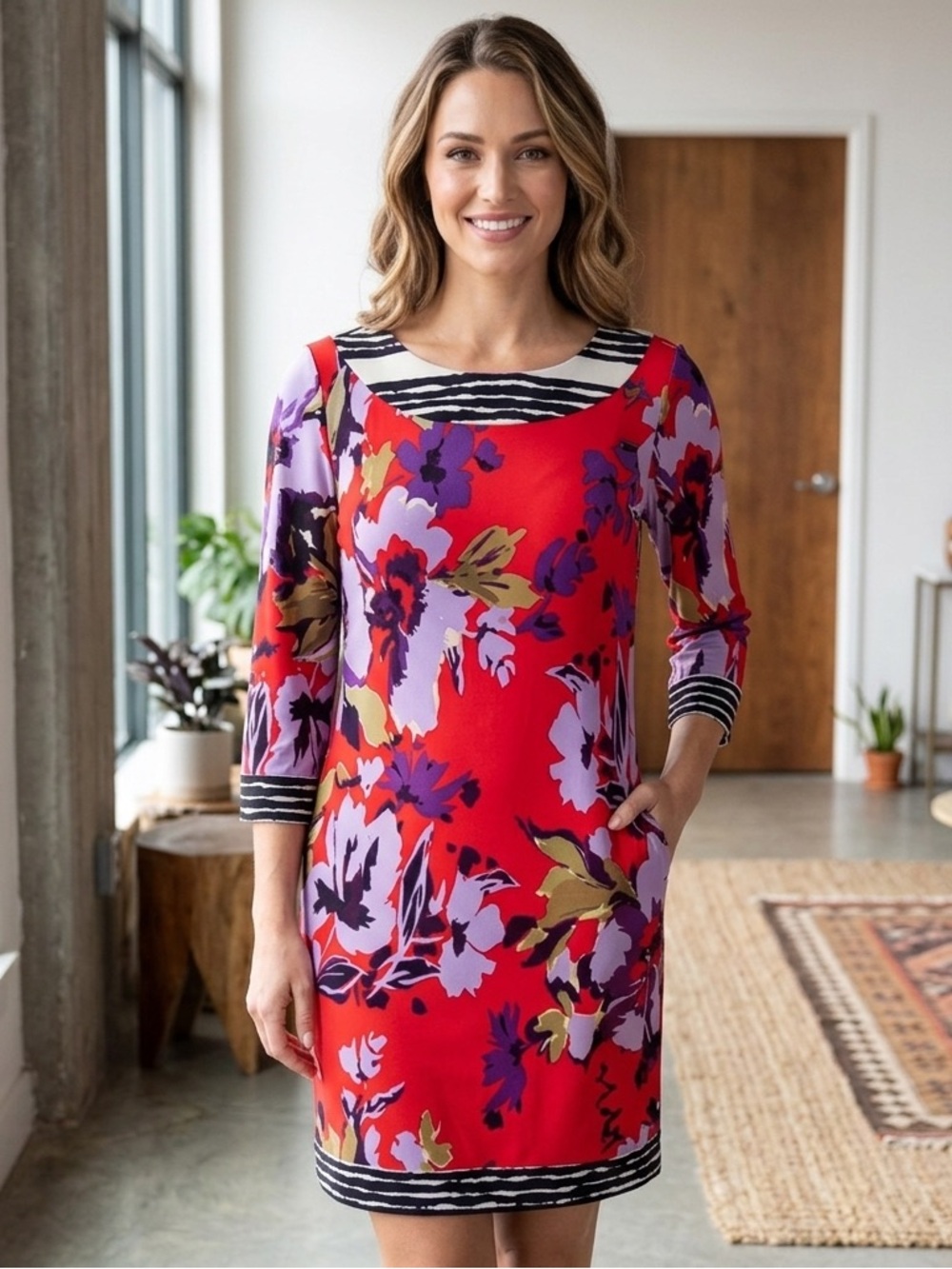 Tahari Red and Black Sheath Dress with Bateau Neckline and Bishop Sleeves